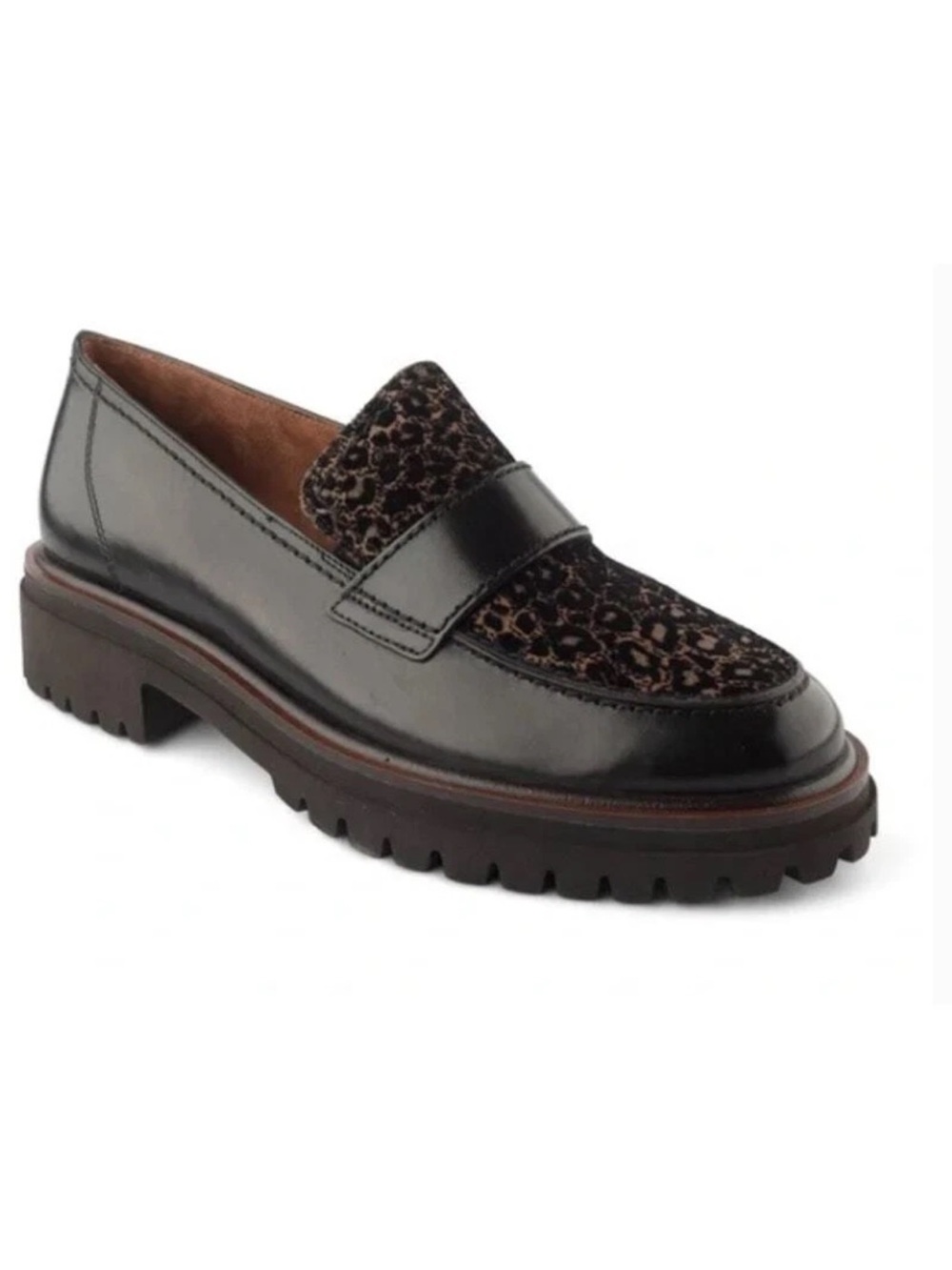 PAUL GREEN NATASHA FLAT LOAFERS LEATHER PLATFORM LEOPARD BLACK - SZ 8